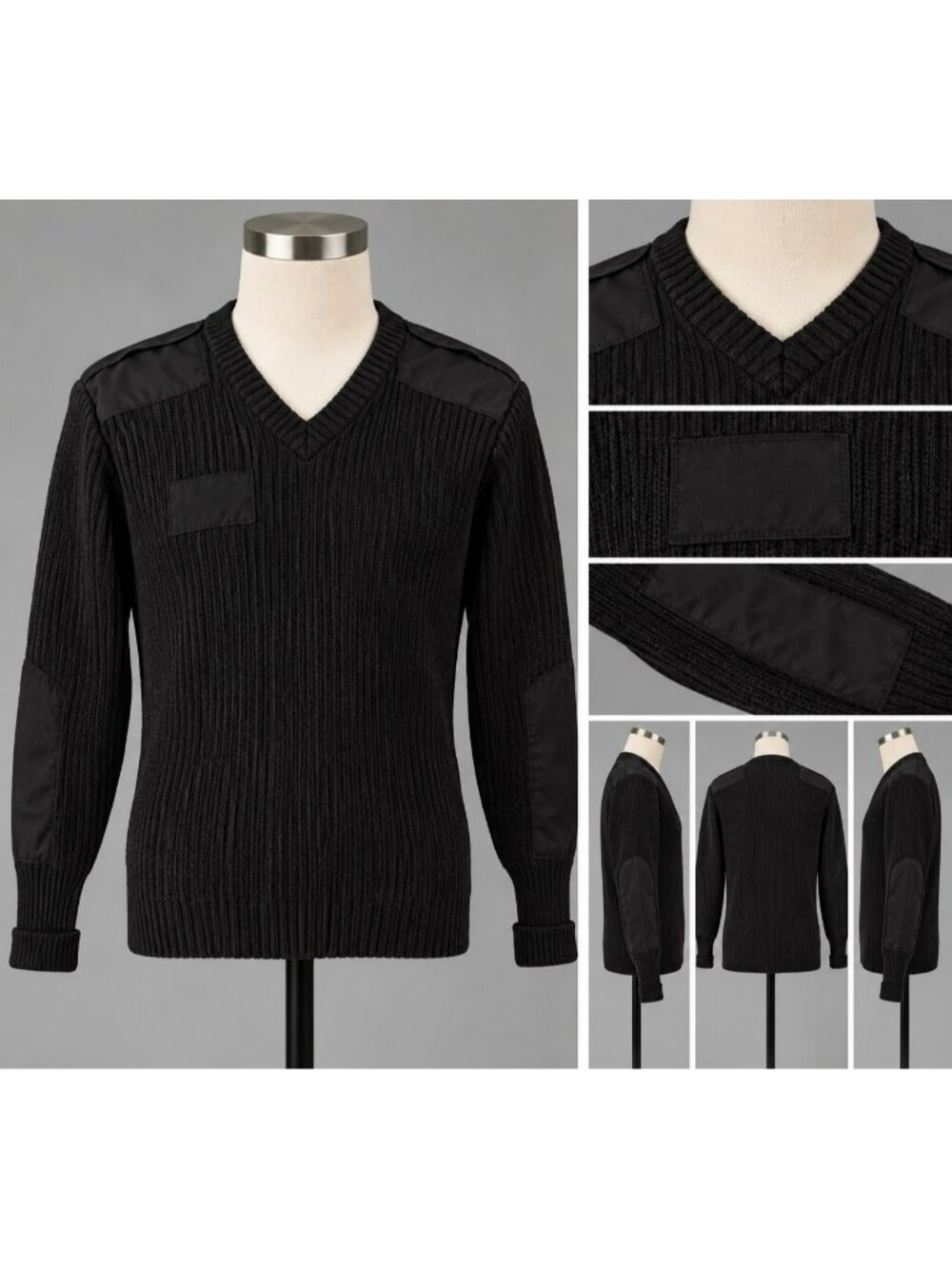 Vintage Citadel Commando Sweater Mens 42 L Black Wool V Neck Military Epaulets